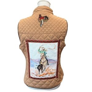 Lesal Upcycled Quilted Vest Tan Hand Painted Western Cowgirl Horse Large
